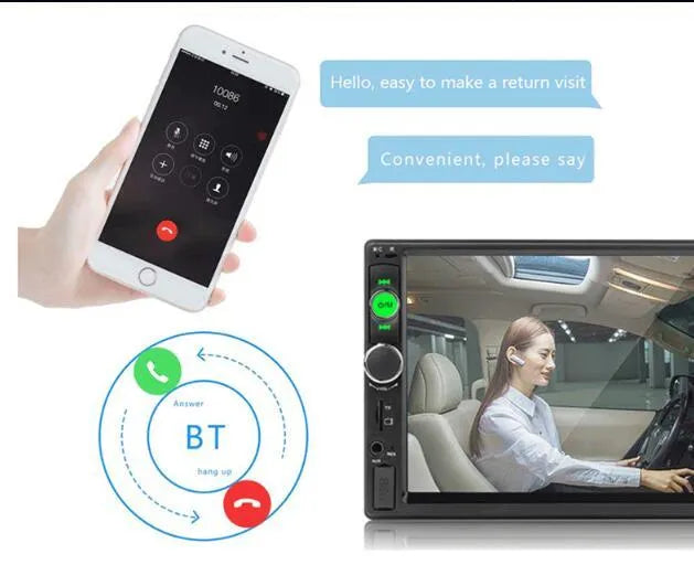 7-inch MP5 Bluetooth car monitor with HD touch screen, DVR system, and remote control in black