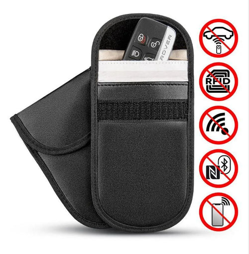 Black microfibre Faraday cage pouch for blocking car key and RFID card signals.