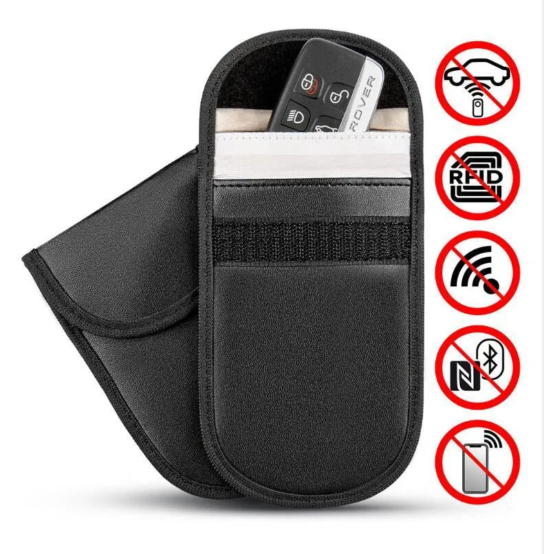 Plain black microfiber RFID signal blocker bag for mobile phones and bank cards, measuring 13.5cm by 9.5cm.