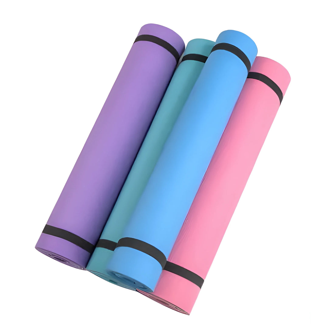 Red EVA fitness composite yoga mat with rolled edge showing 4mm thickness on a wooden floor.