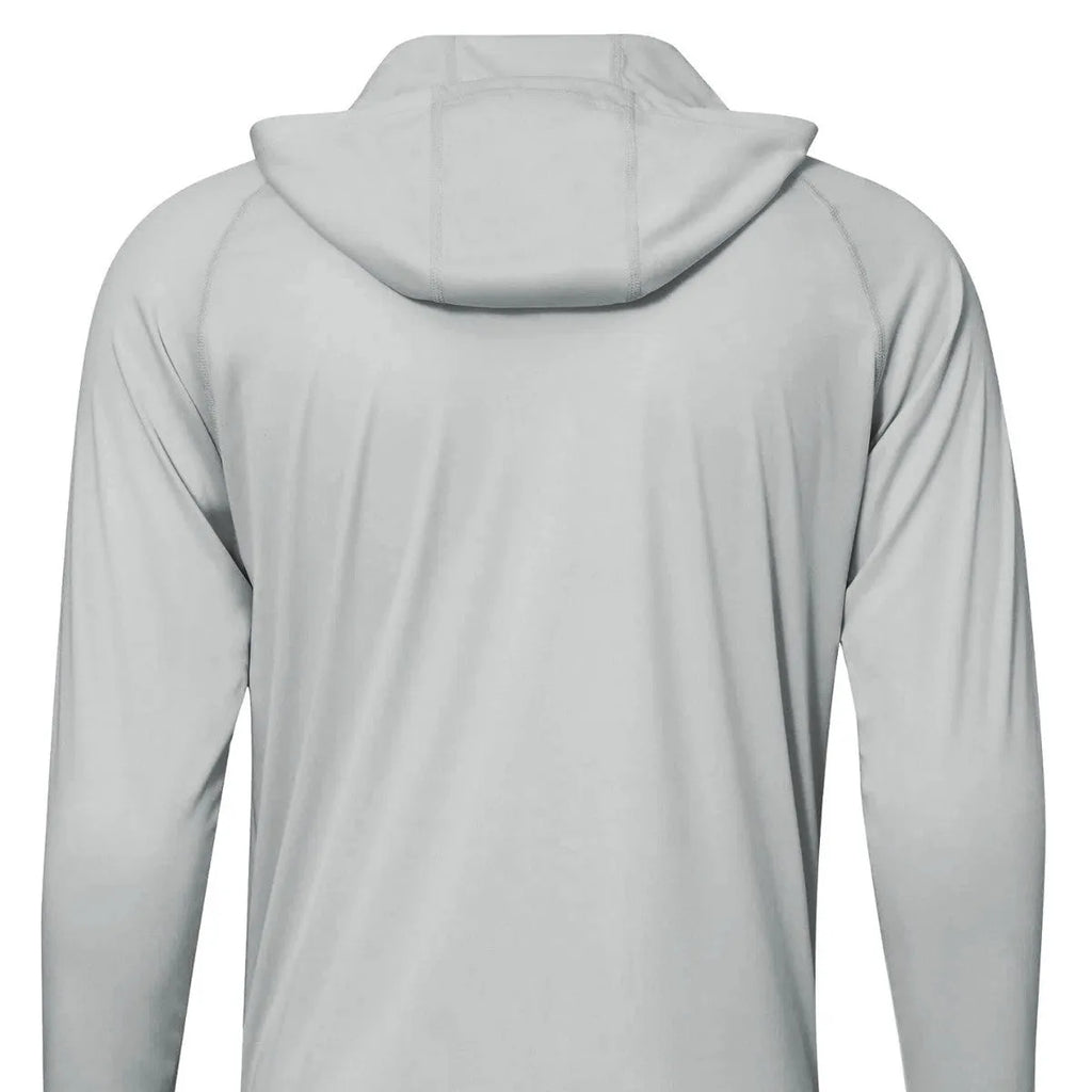 Long sleeve hooded fishing top in solid colour for outdoor UV protection.