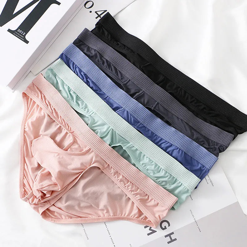 Men's low waist Ice Silk briefs in multiple colours showing the briefs style.