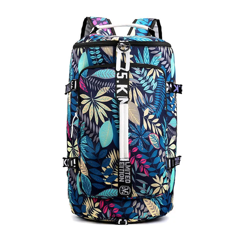 Waterproof nylon gym backpack showing shoe compartment, multiple pockets, and combination lock in blue colour