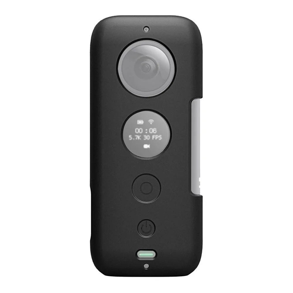 Black silicone protection case for Insta360 One X camera showing precise hole positioning