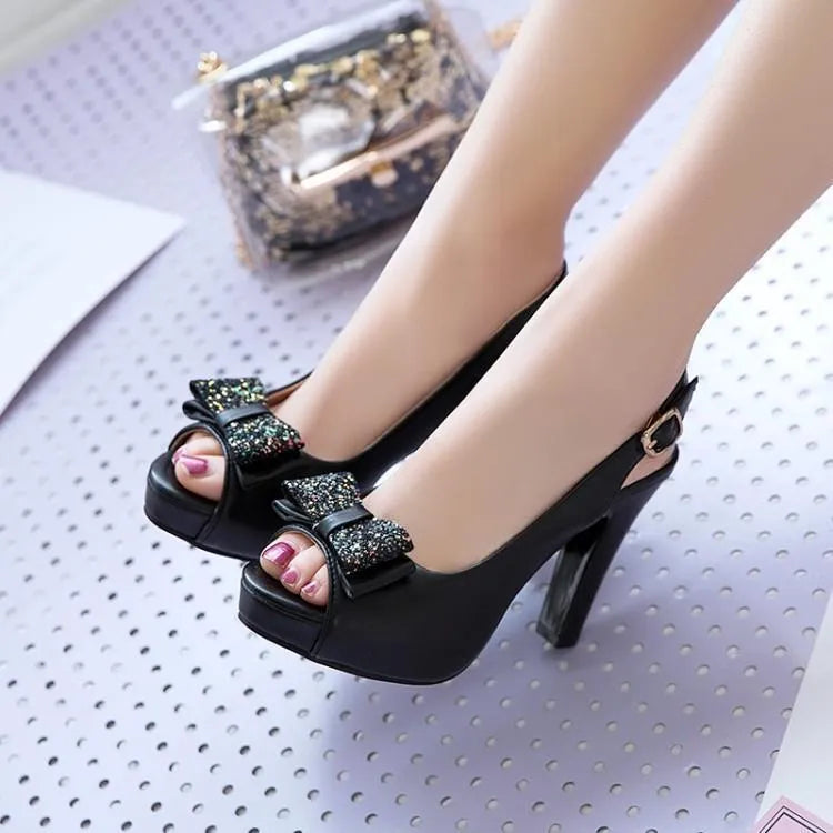 Women's bow high heel shoes in black, round toe, thick heel with waterproof platform