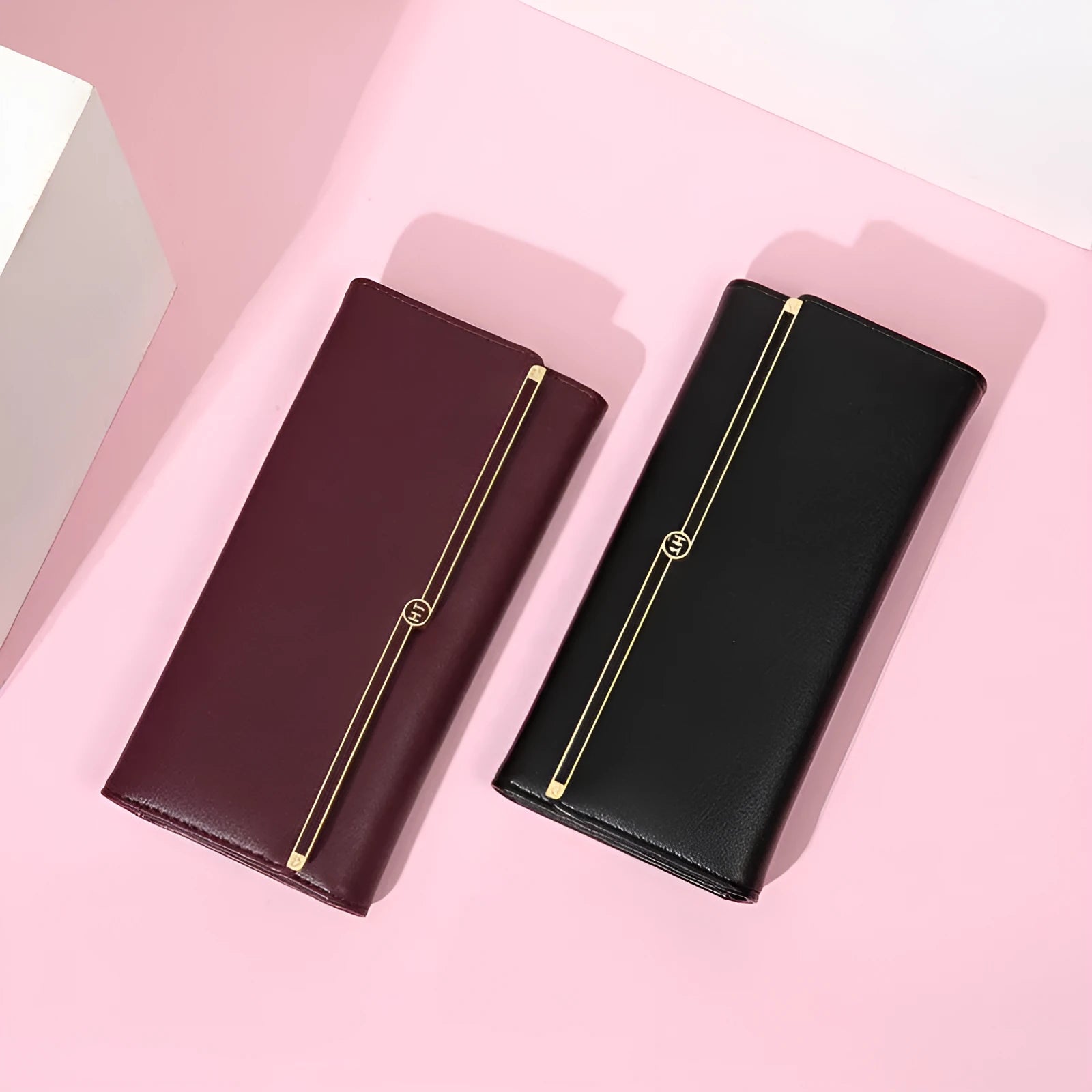 Fashion long wallet female simple card holder in solid colour with weaving and diamond pattern details and chain