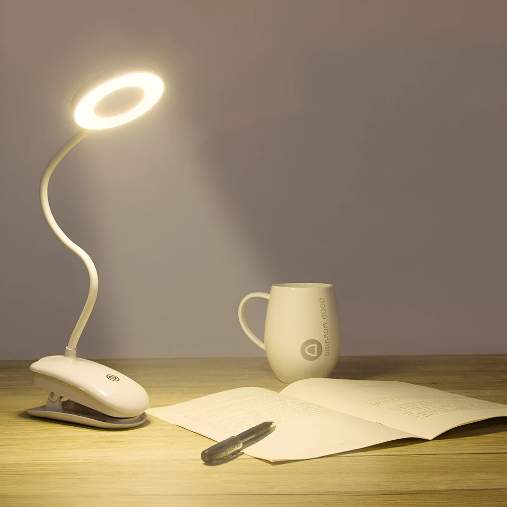 Modern clip-on rechargeable desk lamp with touch switch and plastic shade in multiple colour temperature options