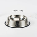 Stainless steel dog bowl with footprint pattern, available in sizes from 15cm to 34cm diameter