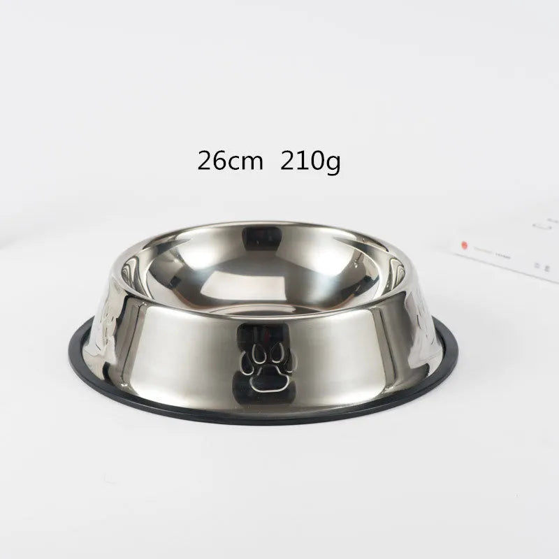 Stainless steel dog bowl with footprint pattern, available in sizes from 15cm to 34cm diameter