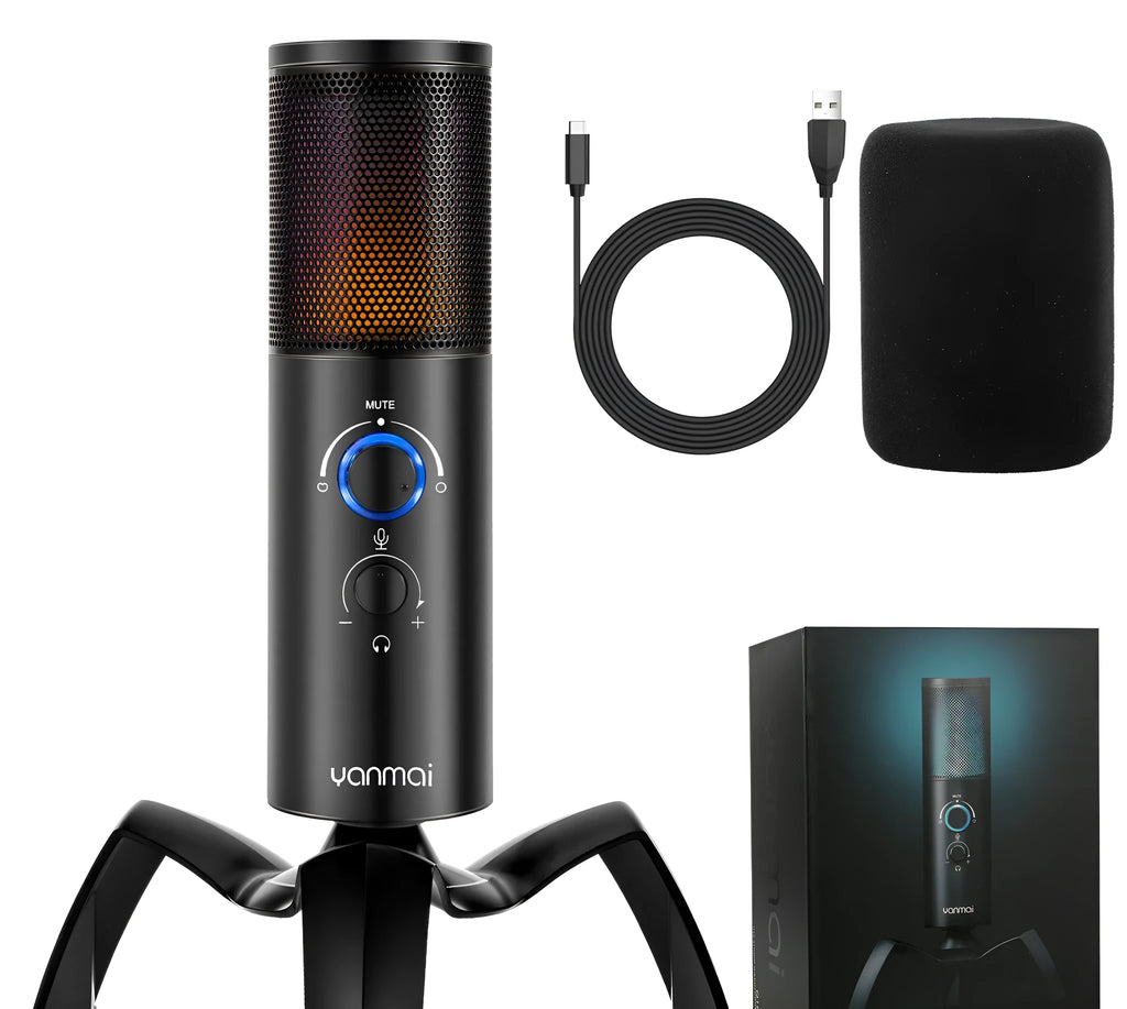 Black Q18 USB condenser microphone with RGB lighting on adjustable metal tripod stand