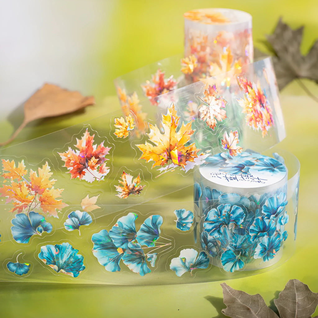 Decorative sticker roll with six natural leaf designs including ginkgo and maple patterns for hand accounts