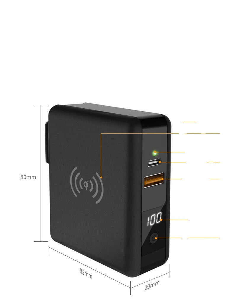 Black and white Super QI 10000mAh power bank with built-in plug and international travel adaptors set.