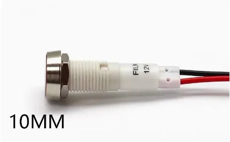 10mm stainless steel edge indicator light with a flat metal end and attached wire.