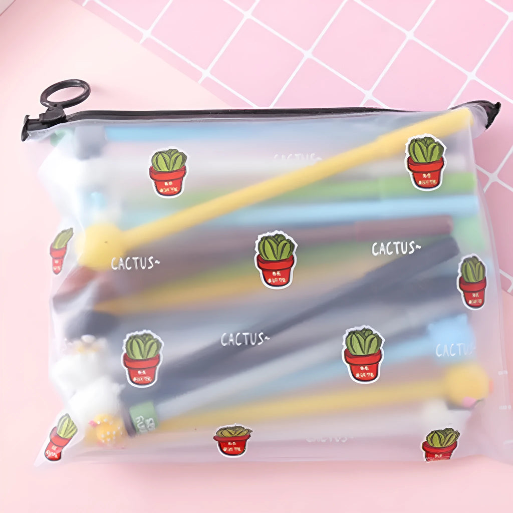 Set of twenty black 0.5mm cartoon cactus pens next to a white plastic pen case.