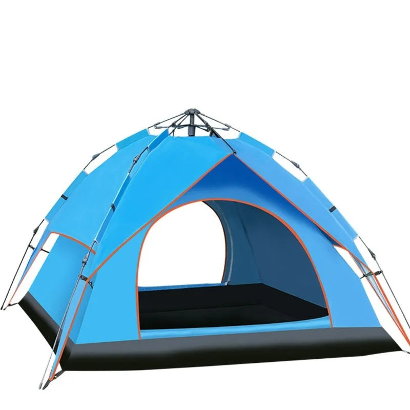 Milky white double-layer Oxford cloth camping tent for 3-4 people with pyramid shape and automatic telescopic rod bracket