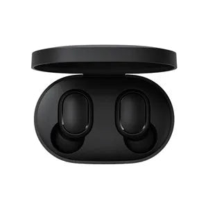 Redmi AirDots 2 black true wireless earbuds and charging case on a white background.