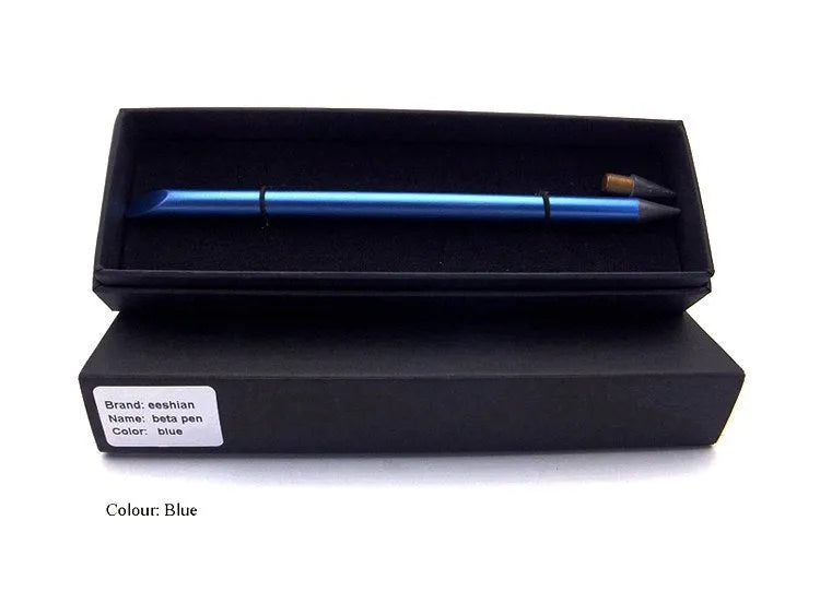 Silver Inkless Metal Pen with 0.5mm alloy nib, spare nib, and pen bag on presentation box.