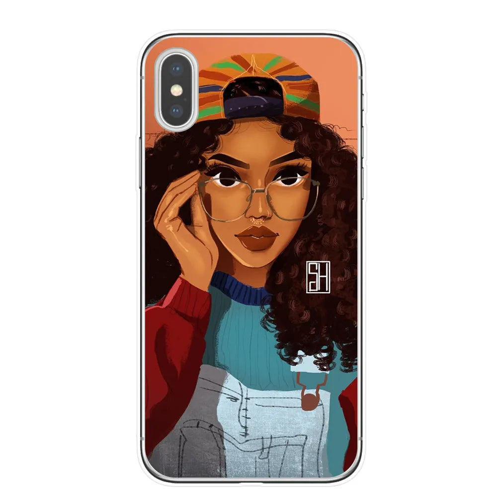 Hand drawn girl TPU phone case for iPhone with artistic design in multiple colour options