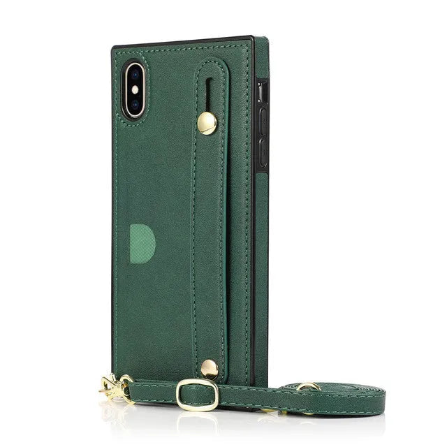Black leather iPhone case with an attached wristband holster, shown next to a Red and a Rose Gold version.