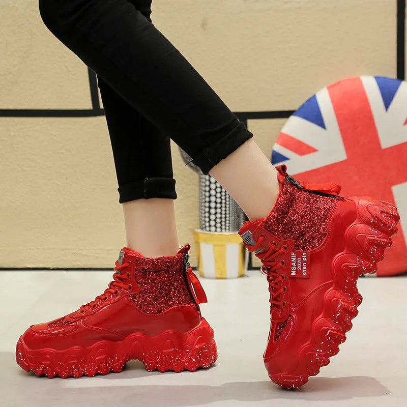 Big wavy snowflake daddy shoes with sequins, cross ties, rhinestones, sponge cake heel, waterproof platform, round toe, solid colour