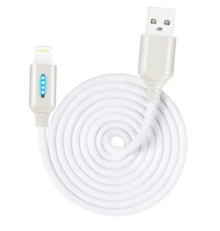 Fabric braided USB charging cable, 1 metre long, with connectors for phone and USB port.