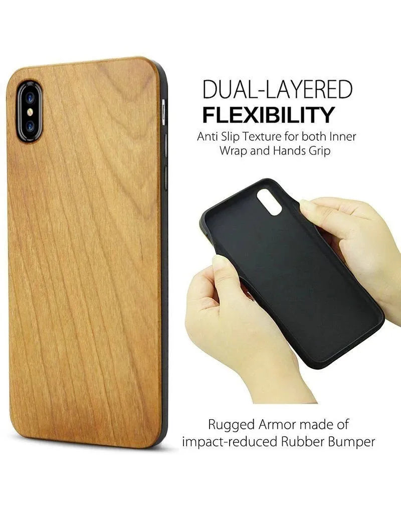 Wooden phone case with laser carved pattern in cherry wood finish for iPhone