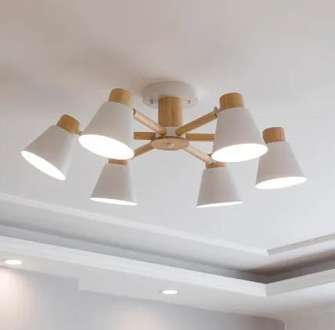 Nordic Macaron style ceiling pendant light with ironwood frame, shown in a two-tone colour option with multiple light heads.