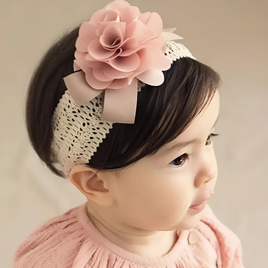 Baby lace flower headband in fabric available in Grey, Pink, and Rose Red colours