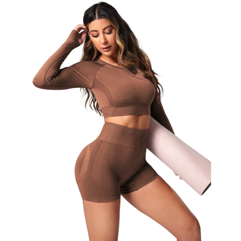 Women's high waist yoga suit in black, brown, or purple with long sleeves and quick-dry fabric
