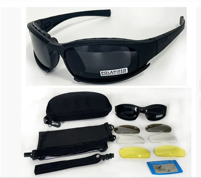 Tactical sports riding glasses with full frame PC construction and interchangeable lenses including transparent film