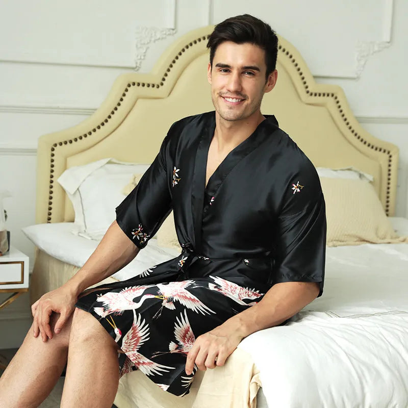 Men's mid-length artificial silk nightgown in cardigan style, black, front view