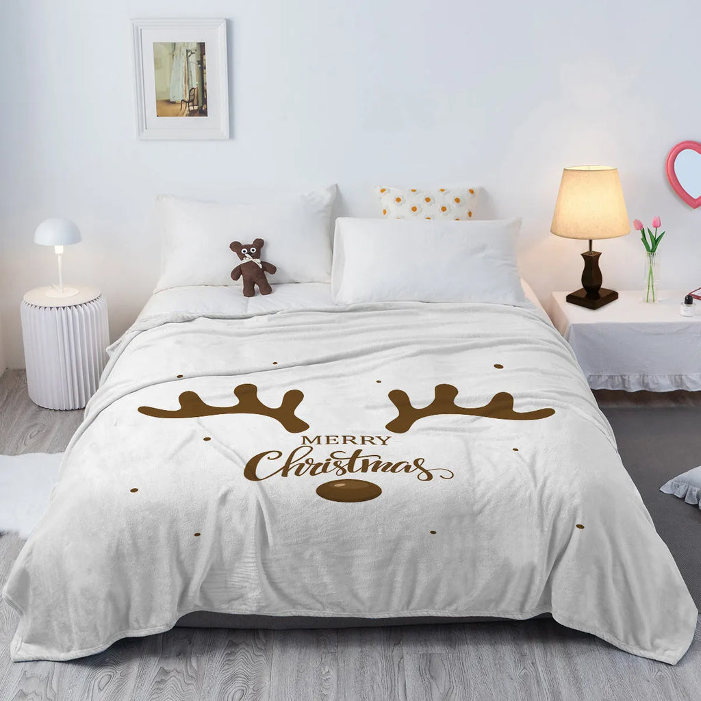 White deer antler pattern Christmas flannel velvet throw blanket with hemmed edges, available in three sizes