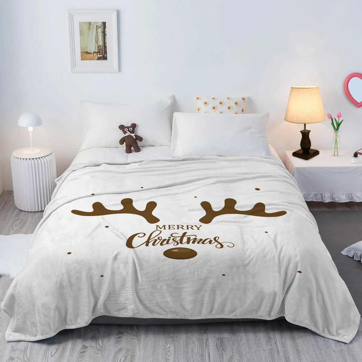 White deer antler pattern Christmas flannel velvet throw blanket with hemmed edges, available in three sizes