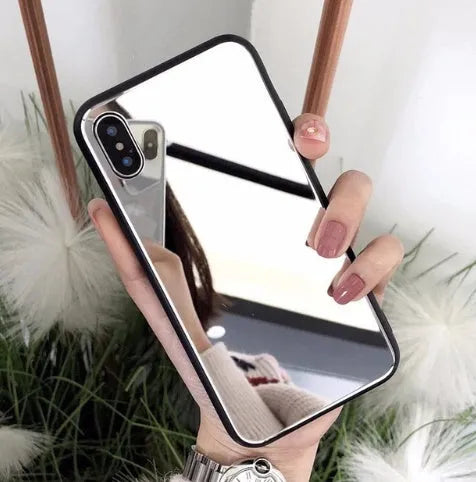 Black mirror phone case for iPhone, showing the reflective surface on the back cover.