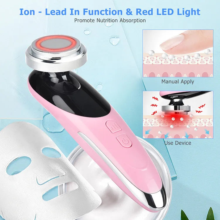 Pink cleansing and rejuvenating beauty instrument with red and blue light modes, ABS and plating construction