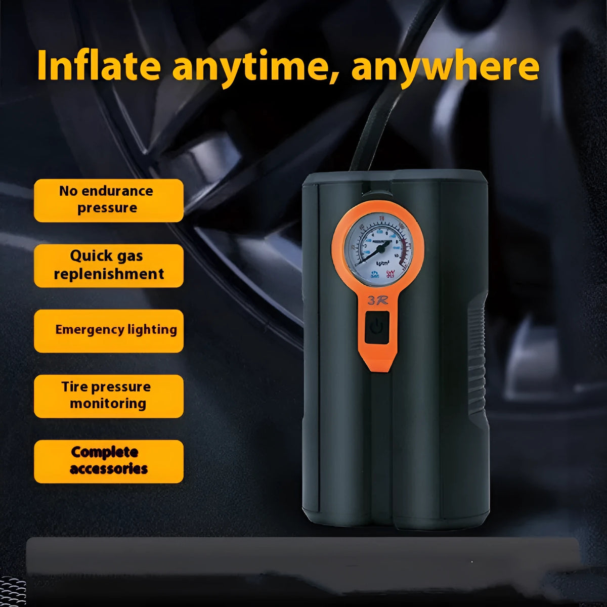 Portable car tyre inflator with digital display, integrated air pump, air nozzle, and power cord