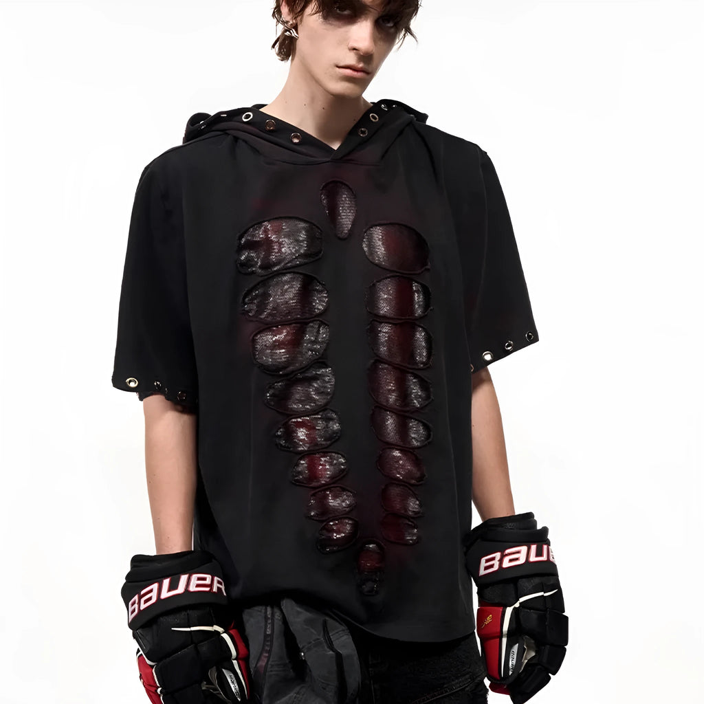 Black loose-fit men's hooded sequin T-shirt on a hanger