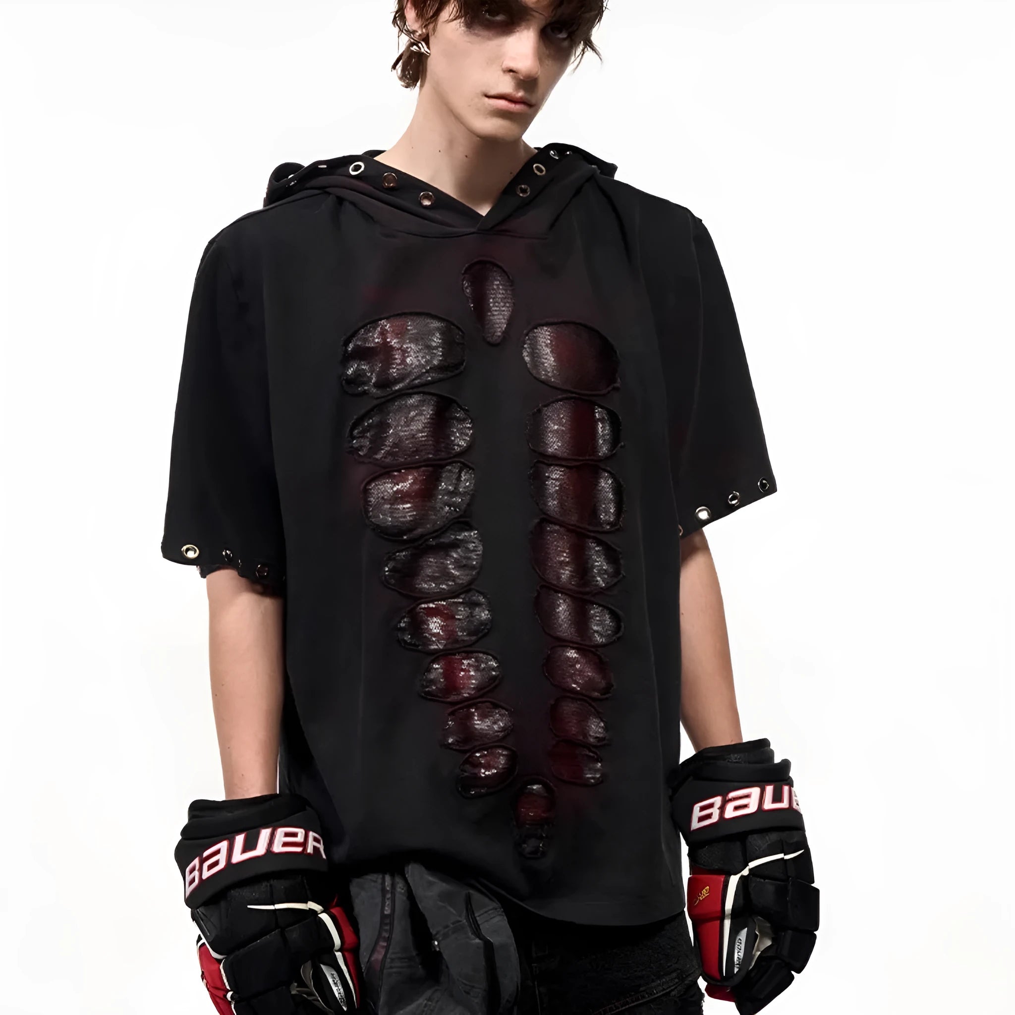 Black loose-fit men's hooded sequin T-shirt on a hanger