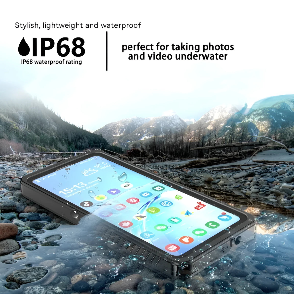 Transparent waterproof Samsung phone case in TPU and PC with all-inclusive drop-resistant shell, shown for Galaxy models.