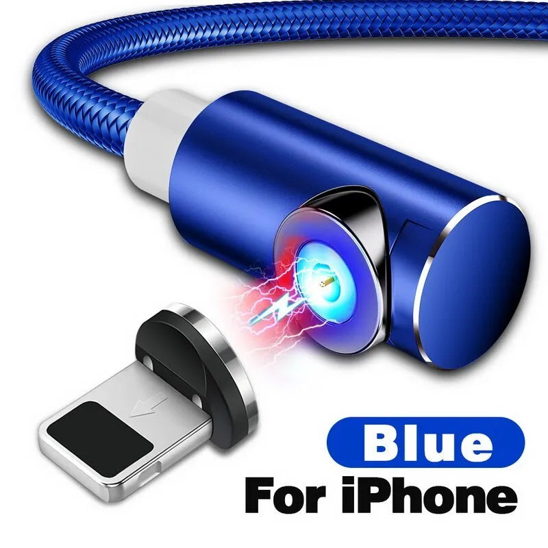 L-shaped magnetic charging cable with aluminium alloy housing, showing red colour option and interchangeable micro USB, Lightning, and TYPE-C plugs.