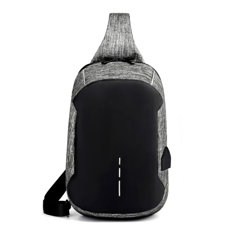 Small dark blue oxford cloth waterproof chest bag with a zipper and car suture detailing.