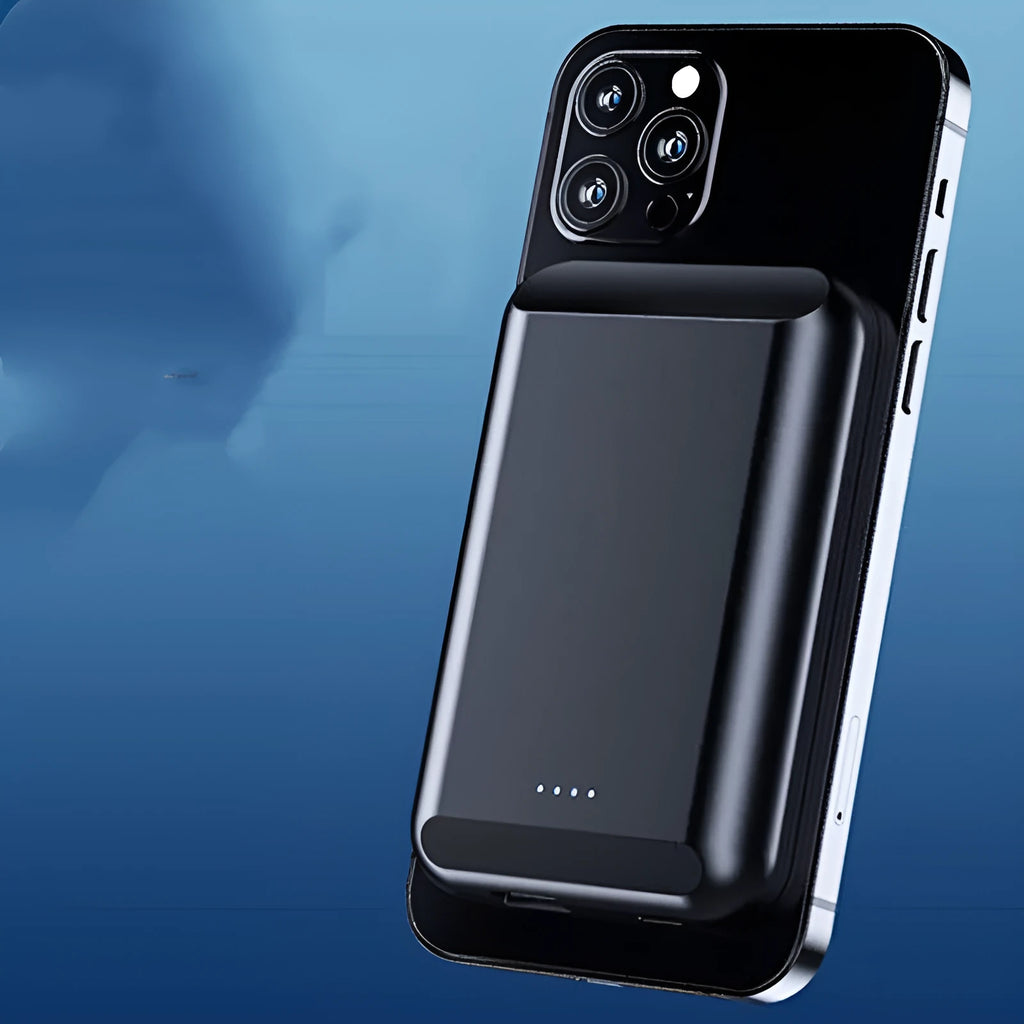 Magnetic wireless power bank in multiple colours showing dimensions 85mm by 55mm.