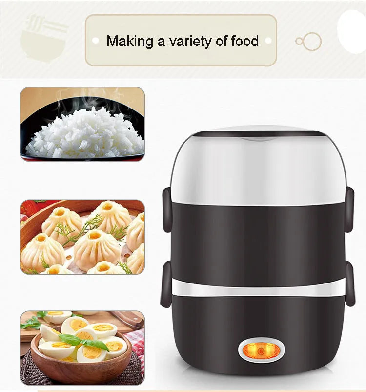 White electric lunch box with USB cable plugged in, showing two-layer food compartments