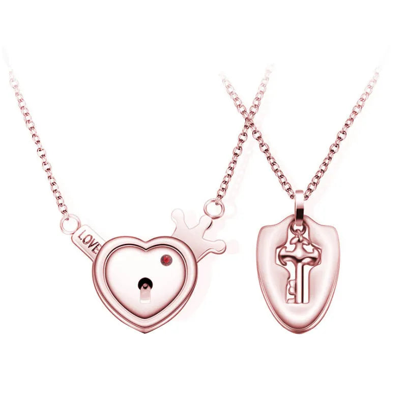 Titanium steel couple love lock bracelet key set necklace in electroplated finish