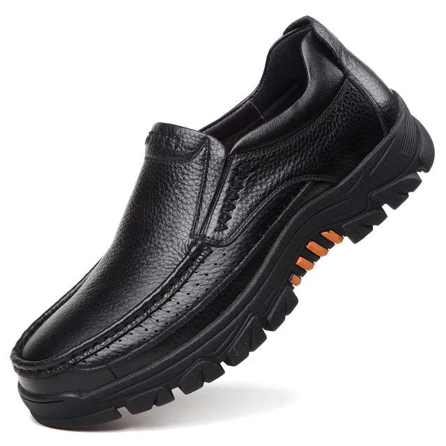Men's black leather slip-on business casual shoes with a rubber sole, shown on a neutral background.