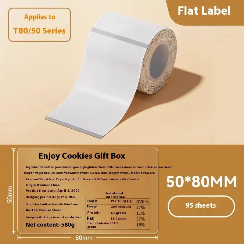Transparent waterproof adhesive labels in various rectangular and circular sizes on thermal synthetic paper