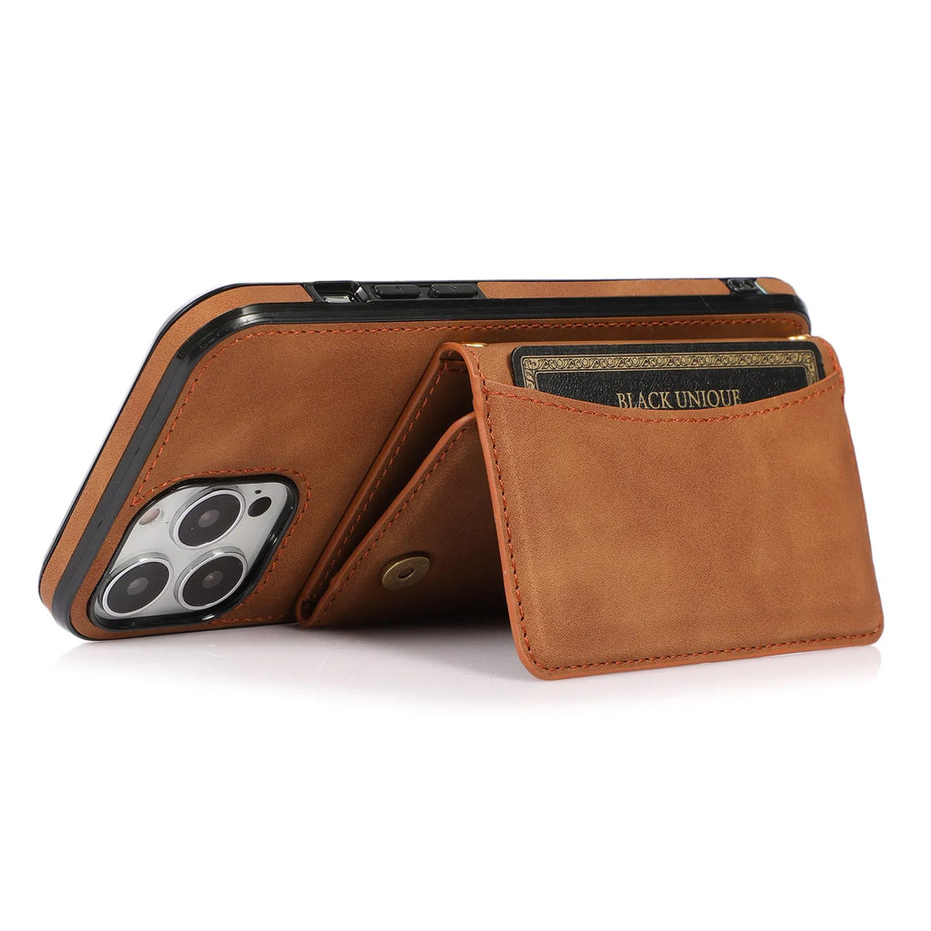 Tri-fold PU leather wallet iPhone case with card sleeve, shown in black, purple, retro red, blue and brown.