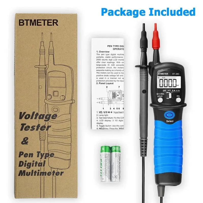 Huapu HP-38B digital pen multimeter with pen-style body, LCD display, and test leads on a white background
