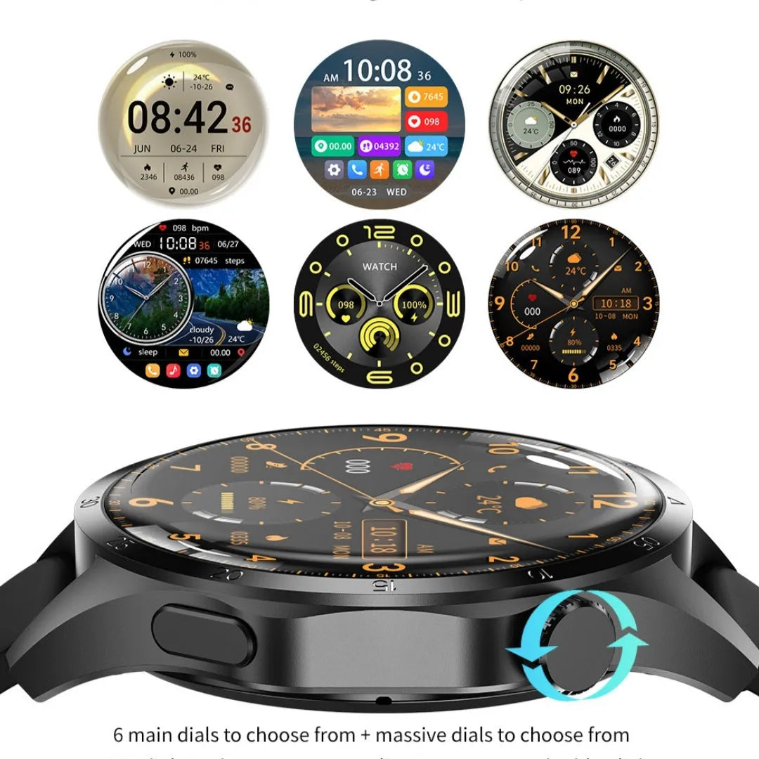 Black Bluetooth calling smartwatch with TFT touch screen on a silicone strap, showing health metrics display.
