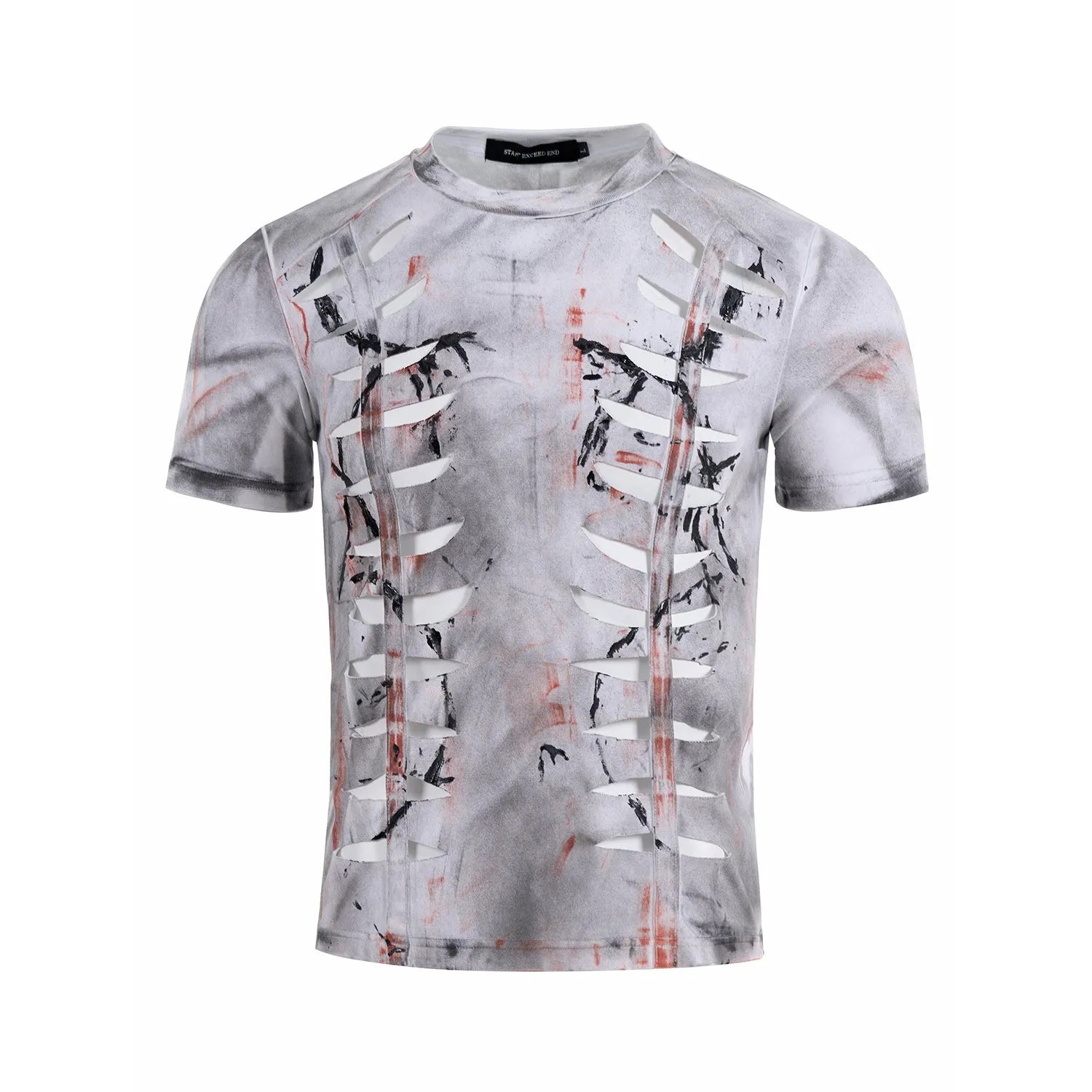 Men's white cotton t-shirt with hollow-out cut design detail on front